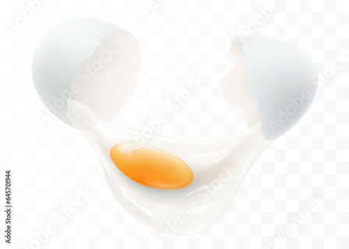 A broken white egg isolated on a transparent background. The protein and yolk flowed out of a broken egg shells close-up. Horizontal illustration of cracked egg. Realistic 3d vector design