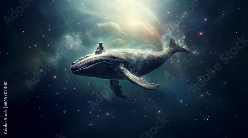A boy sitting on a whale on a epic journey