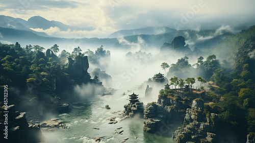 Classical Chinese Temples and Cliffs Submerged in Fog Large Stretches of Scaly Clouds Aerial View © Image Lounge