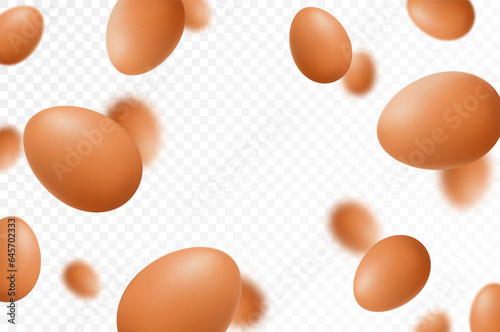Flying chicken eggs, isolated on white background. Falling tasty eggs in the brown shell. Selective focus Can be used for advertising, packaging, banner, poster, print. Realistic 3d vector