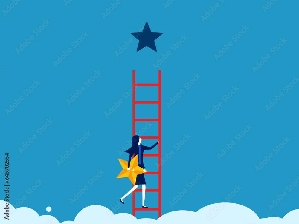 Career development. woman with stars climbing up the stairs vector