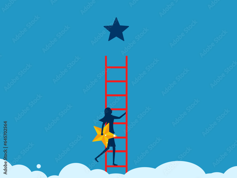 Improving business to have better quality. Businesswoman with stars climbing up the stairs vector