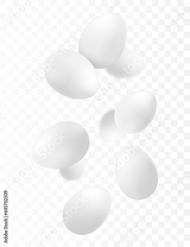 Flying chicken eggs, isolated on white background. Falling tasty eggs in the white shell. Selective focus Can be used for advertising, packaging, banner, poster, print. Realistic 3d vector