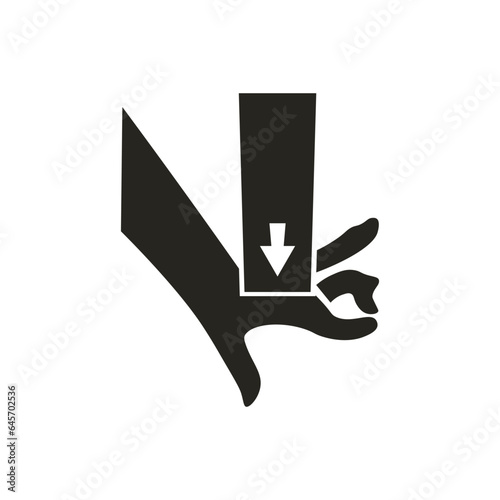 Isolated illustration of black pictogram injury risk finger crush accident with picture of hand, press machine, warning danger pinched point hazard information label