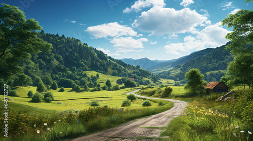 Summer country road bordered by vibrant green mountains