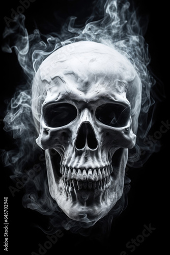 A white ghost skull face with white smoke surrounding it, black background, devil, scary