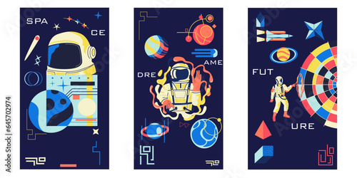 Galaxy astronaut. Space exploration. Cosmonaut in spacesuit. Geometric shapes. Psychedelic astronomy science. Futuristic spaceman. Universe planets and cosmic rockets. Vector posters set