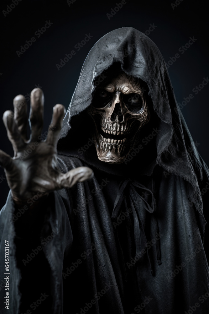 Grim reaper reaching towards the camera over dark background Grim reaper reaching towards the camera over dark background