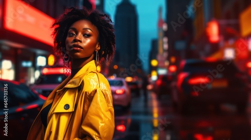 beautiful black woman with afro hair in city photoshoot, urban fashion, bold contrast with bokeh background, generative ai, 