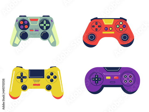 Joystick set. Colorful controllers for video games. Different bright gamepads collection. Wireless entertainment gadgets with buttons. Game equipment. Vector Cartoon flat isolated illustration