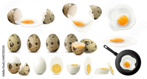 Set of whole, half, sliced and broken spotted quail eggs. Raw, fried and boiled eggs, isolated on white background. Crack eggs with yolks. Fried eggs on frying pan. Realistic 3d vector.