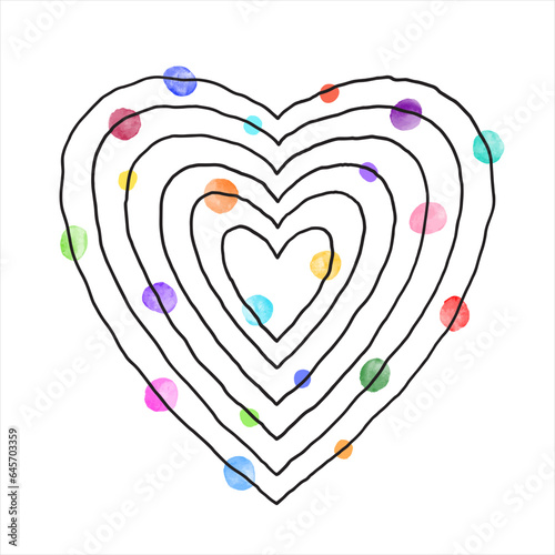 Hand drawn heart made of uneven artistic linear concentric shapes and colorful watercolor vector spots, circles, dots, round brush strokes. Frame, border template. Creative background, print design. photo