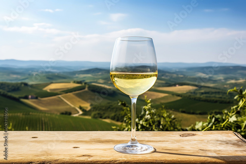 One glass of white wine and green landscape view, product display