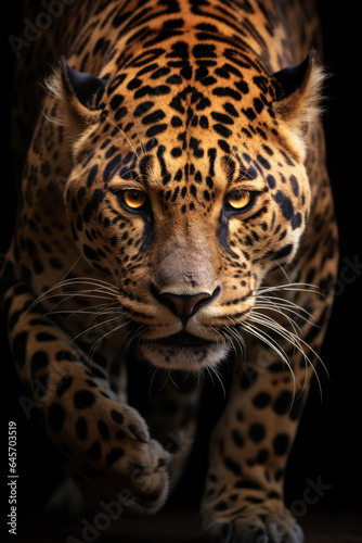 Jaguar Walking down, penetrating eyes, frontal shot, tattoo design, better light © Sasint