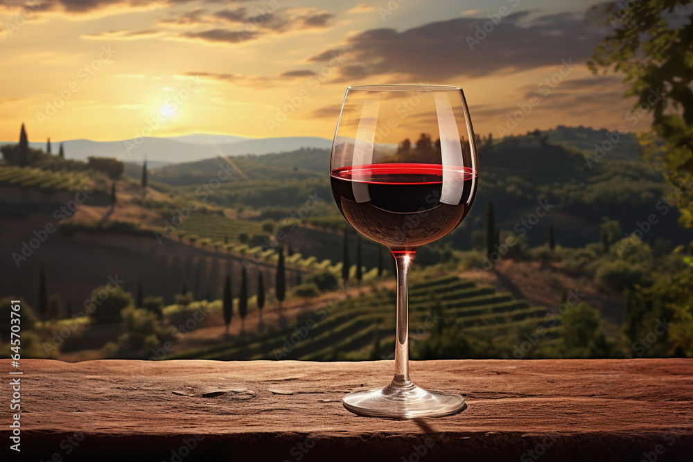 One glass of red wine and green landscape view, product display