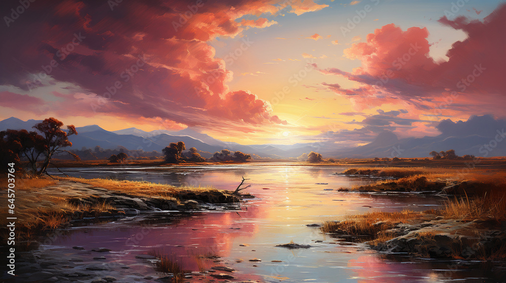 Oil Painting of Small Water Lake Under a Cloudy Sky During Sunset