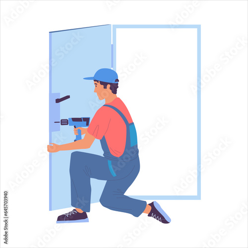 Home repair. Service worker making renovation. Builder fixing door lock. Repairman working with drill. Handyman in uniform. Carpenter installing latch. Vector professional specialist