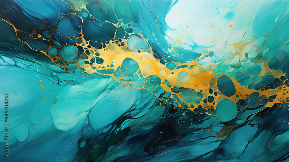 Naklejka premium Abstract Fluid Art Painting of Alcohol Ink Technique Blue and Gold Background