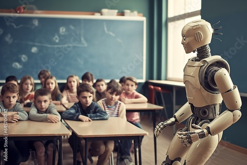 photo of an AI robot teacher in a classroom with a group of students