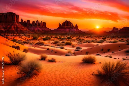sunset in the desert ,Vibrant sunset at the desert scene with a hill and colorful land