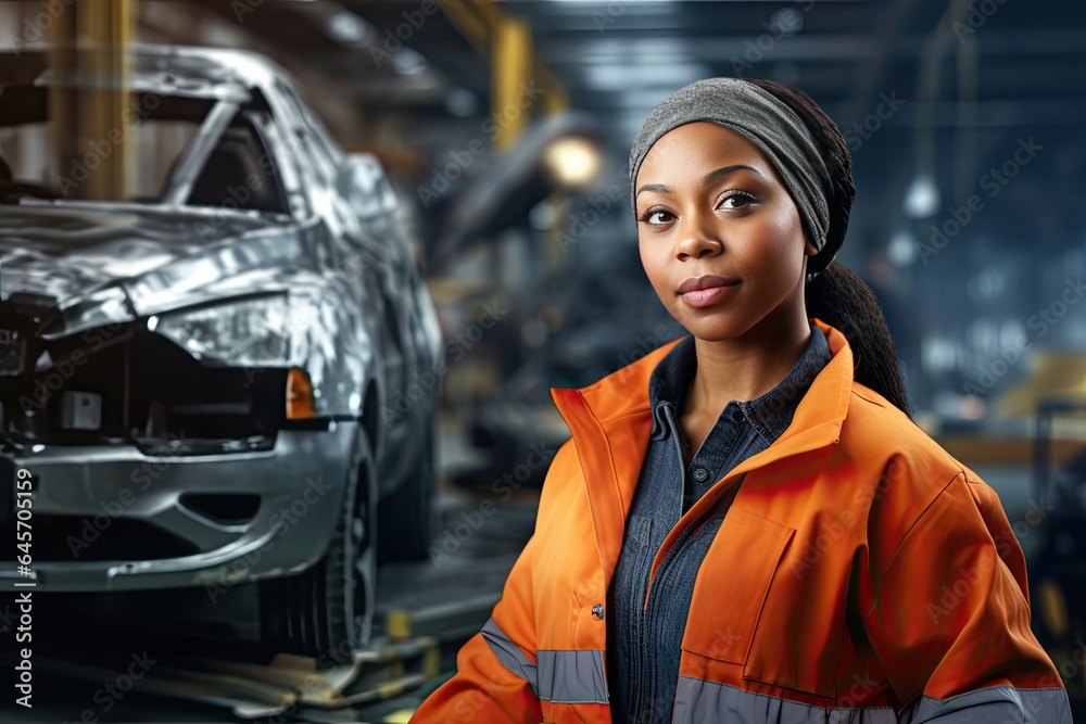 A young African American woman works in an auto repair shop. She stands in the auto repair shop and looks away.