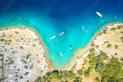 Secret turquoise beach yachting and sailing aerial view, Island of Krk