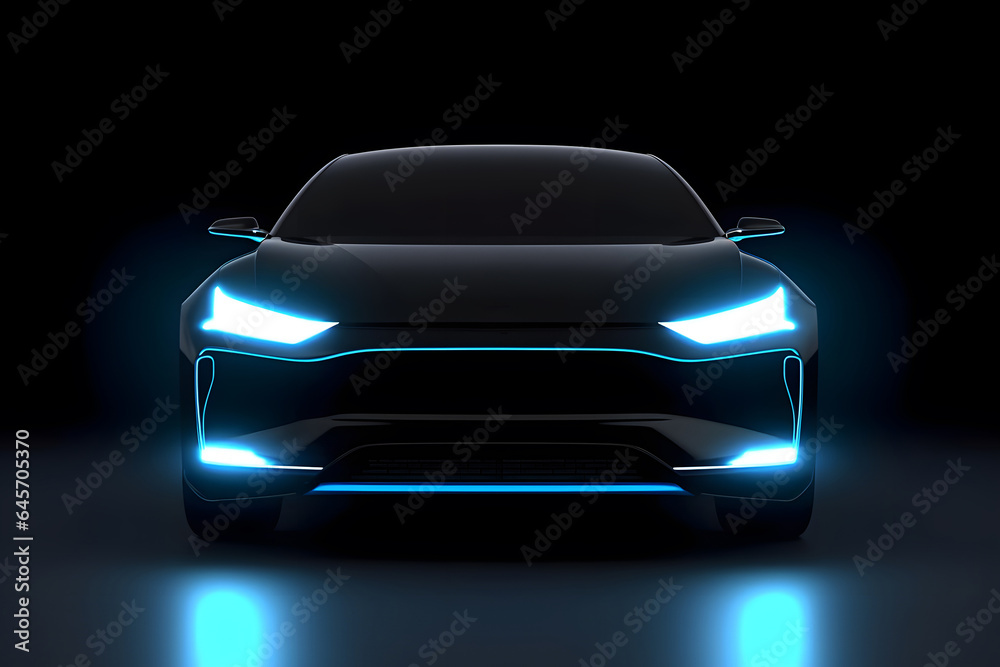 Front view of black luxury new ev car with blue neon glowing - obrazy, fototapety, plakaty 