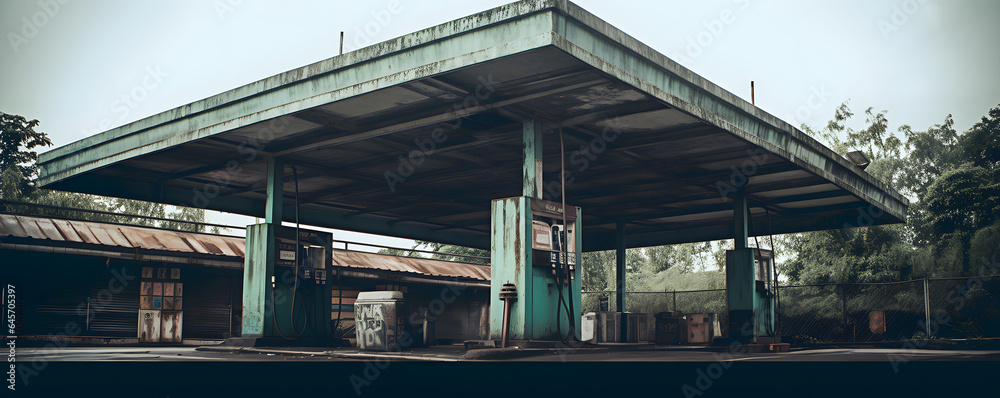 Fototapeta premium Retro abandoned gasoline petrol station with rusty dispensers