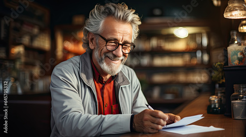 Happy elderly man with glasses is sitting at the counter and writing in a notebook
