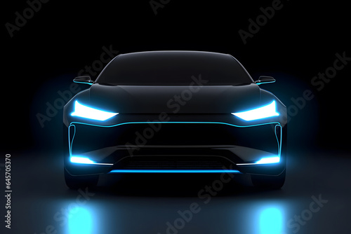 Front view of black luxury new ev car with blue neon glowing © Bonsales