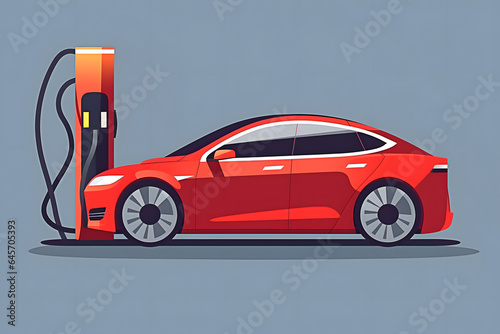 Side view of red modern electric car on charge point with cable