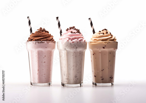 Glasses of milkshake with strawberry,chocolate and vanilla flavour on white.Macro.AI Generative