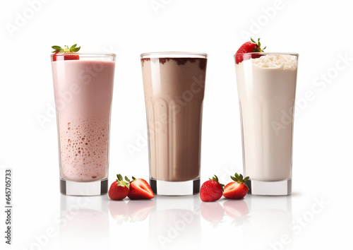 Milkshakes with strawberry chocolate and vanilla with whipped cream on white.Macro.AI Generative