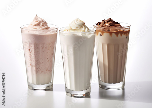 Various creamy milkshakes with whipped cream on white background.Macro.AI Generative