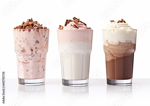 Milkshakes with strawberry,chocolate and vanilla with whipped cream on white.Macro.AI Generative