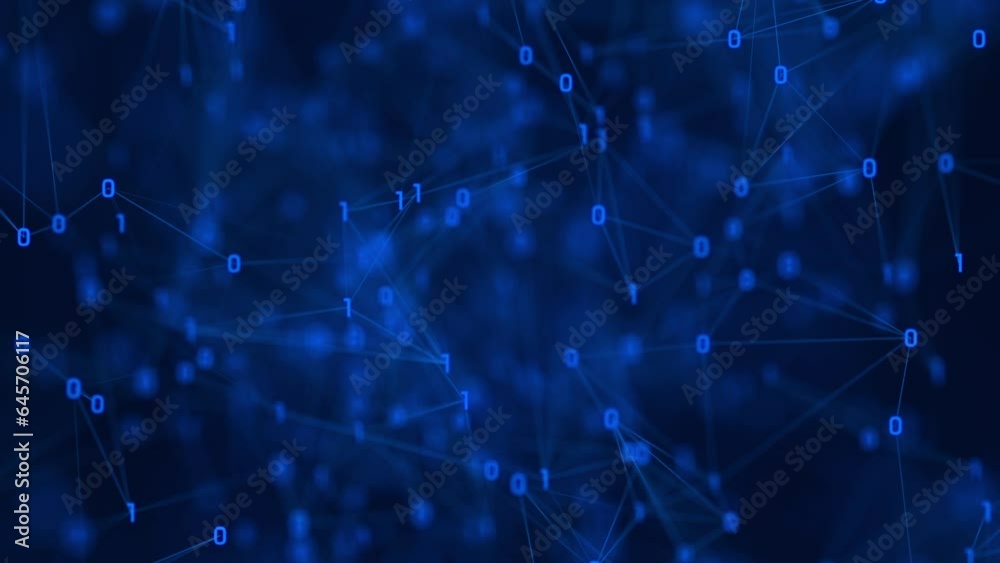 Abstract blue binary code background with glowing ones and zeros connected by a plexus network. This digital data connection technology concept background animation is full HD and a seamless loop.