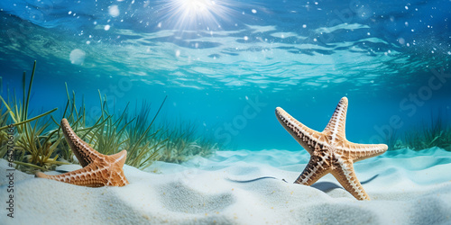 starfishes underwater over white sand with sea grass and sunlight