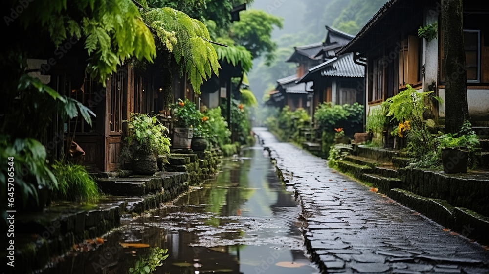 Misty and Rainy a Beautiful Stone Paved Path Leads to a Small Village the Path is Completely Soaked by Rain
