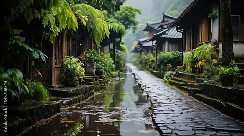 Misty and Rainy a Beautiful Stone Paved Path Leads to a Small Village the Path is Completely Soaked by Rain