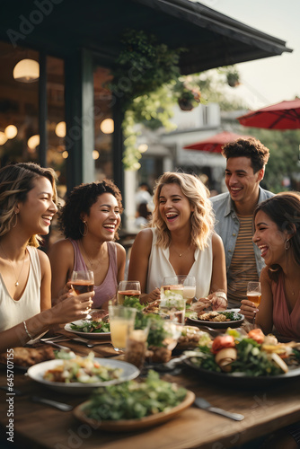 Group of friends laughing and enjoying dinner at outdoor restaurant during summer. Image created using artificial intelligence.