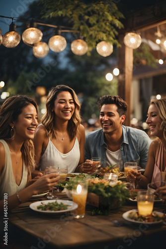 Group of friends laughing and enjoying dinner at outdoor restaurant during summer. Image created using artificial intelligence.