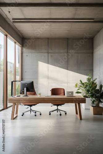 Concrete walls modern work office, wooden deck in a clean and bright environment. Image created using artificial intelligence. © kapros76