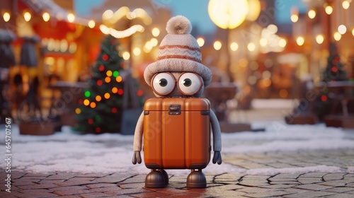 Funny suitcase-traveler in a hat at the Christmas market. Humanized cartoon Luggage with eyes. Concept of travel.