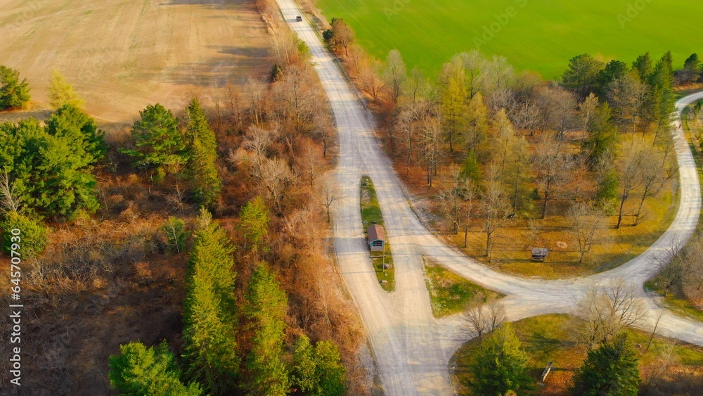 Dynamic video of countryside in north america at fall. Aerial view of unusual road between trees and farm fields in fall Come to north america to enjoy view of fall golden trees, beautiful farm fields