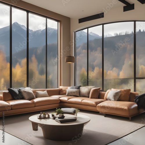 Modern living room with large window, Mountain valley view with Luxury sofa