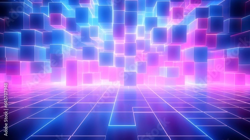 Neon 3D background in blue, pink colors. Blurred background of neon cubes