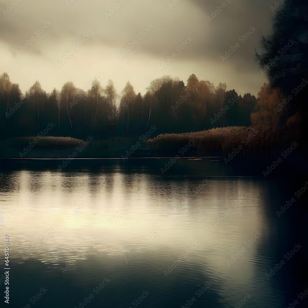 Obraz premium Autumn lake landscape in a brutalist style and lighting, somber oppressive mood, with copy space