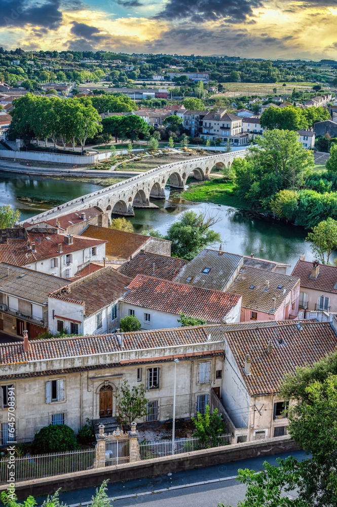 View of the River Orb and Pont Vieux (Old Bridge) at Beziers, South of France, seen from the Cathedral Saint Nazaire, which is sited on a hill above the river