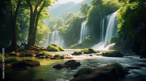 Low Angle View of A Beautiful Waterfall and Natural River Floating Through Cave and Mountains