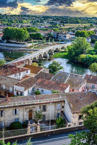 View of the River Orb and Pont Vieux (Old Bridge) at Beziers, South of France, seen from the Cathedral Saint Nazaire, which is sited on a hill above the river